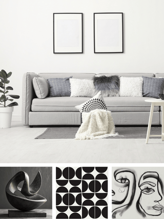 A styled living room scene with a light gray sofa, white and gray pillows, a cream throw blanket, two black-framed blank wall art prints, a small side table, and a potted plant. Includes three insert images of a sculptural black form, a black-and-white geometric pattern, and a black-and-white line drawing of two faces.