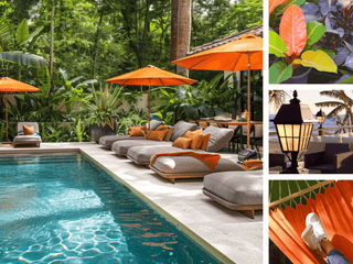 A vibrant outdoor living scene featuring a modern poolside patio surrounded by lush tropical greenery, gray lounge seating with orange accents, bright orange umbrellas, and three inset detail images showing colorful leaves, coastal lanterns, and a person relaxing in an orange hammock.