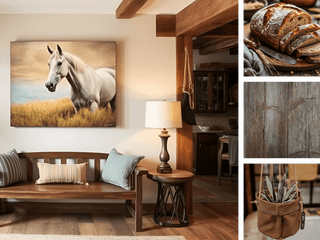 A rustic interior scene featuring a large wall art print of a white horse in a golden field, shown above a wooden bench. Includes three inset photos of rustic bread, weathered wood, and a brown canvas bag hanging planter.
