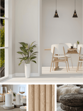 A styled interior scene with a dining table and chairs, pendant lights, candles, a potted plant, and a wood-paneled wall, plus three inset detail panels showing candle styling, wood texture, and a cozy cushion.