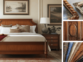 A styled bedroom scene featuring a wooden bed frame with white bedding and patterned pillows, a matching wooden nightstand and lamp, framed landscape wall art, and three inset photos of close-up material swatches, carved wood, and textured fabrics.