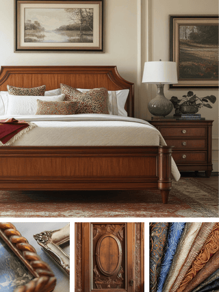 A styled bedroom scene featuring a wooden bed frame with white bedding and patterned pillows, a matching wooden nightstand and lamp, framed landscape wall art, and three inset photos of close-up material swatches, carved wood, and textured fabrics.