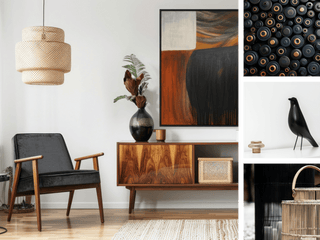 A styled interior scene showing a black upholstered armchair, wooden sideboard, woven pendant light, abstract wall art, and decor objects, with three insert photos of close-up details showing textured black-and-gold circular wall decor, a black bird sculpture, and a woven basket.
