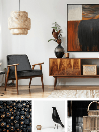 A styled interior scene showing a black upholstered armchair, wooden sideboard, woven pendant light, abstract wall art, and decor objects, with three insert photos of close-up details showing textured black-and-gold circular wall decor, a black bird sculpture, and a woven basket.