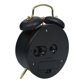 Angled back image of the W72449 Metal Twin Bell Alarm Clock – Black, showing the battery compartment, knobs, and the on/off switch.