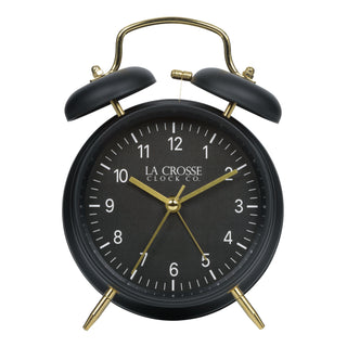 Head-on image of the W72449 Metal Twin Bell Alarm Clock – Black, the clock features a black dial with white numbers, gold hands and accents, in a black metal case.