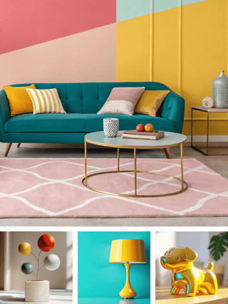 A bright, modern living room scene with a teal sofa, pink and yellow geometric wall, round coffee table, pink rug, and three inset images showing decor items such as a yellow lamp, colorful ball and wire art, and a shiny yellow dog figurine.